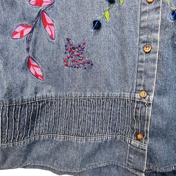 Vtg Bobbie Brooks Embroidered Denim Floral Shirt XL Floral Pintuck Blue Collar - Picture 6 of 16